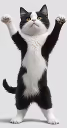 a cat with his paws up with its arms in the air