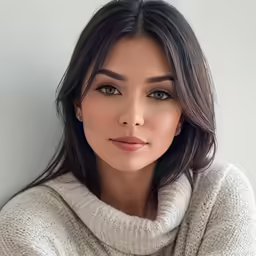 a close up of a woman wearing a white sweater