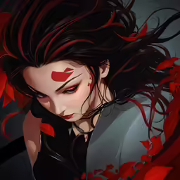 a girl with red eyes and black outfit with her hair blowing out