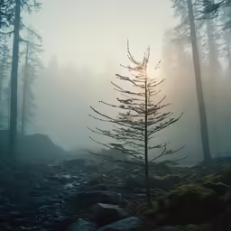 the sun is rising through a misty forest with mist