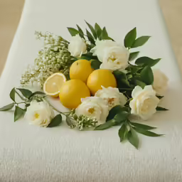 several white flowers and three lemons sit on a table