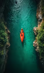 an overhead shot of a boat floating on top of green water