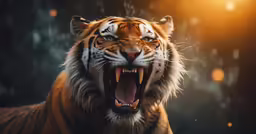 a large tiger with its mouth open and a sun shining in the background