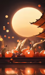 this picture looks amazing from the reflection of a building at the edge of a lot of pumpkins