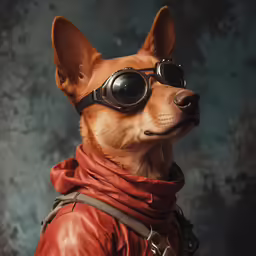a chihuahua dog wearing goggles and a leather jacket