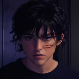 a boy in a black shirt staring at the camera