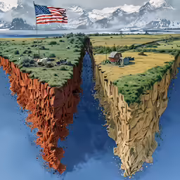 an illustration of a large floating island with a floating american flag