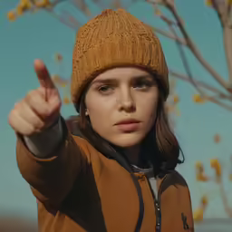 a woman in brown jacket pointing to something