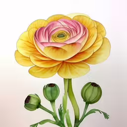 an orange and pink flower is featured on white paper,large flower with green leaves and buds painted on white paper