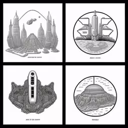 four posters show a city in the form of spaceships,four pictures of different buildings that appear to be in the same place