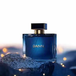 the bottle is on a rock with lights around it