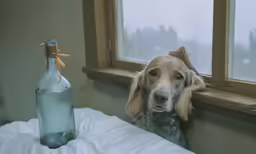 a bottle on the bed next to a dog