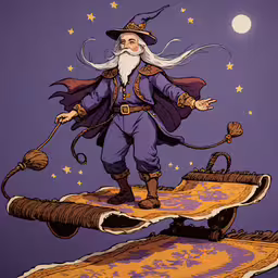 a wizard walking on top of a rug with his staff