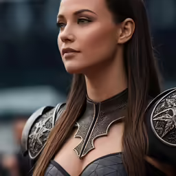 a woman with long hair wearing a black outfit