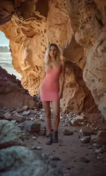 the woman is wearing a pink dress while standing by rocks