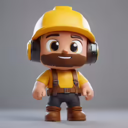 the back of a toy with headphones on, wearing construction gear