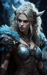 a woman dressed in armor and a large horn