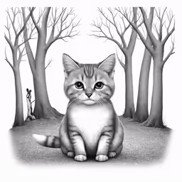 pencil drawing of a cat in front of several trees
