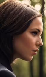 a woman with short brown hair and a black jacket in a forest