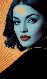 a woman with blue hair wearing black and orange makeup