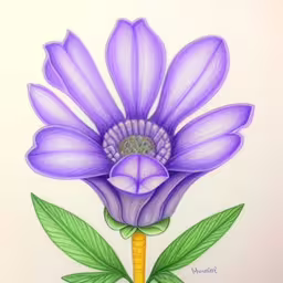 colored drawing of an abstract flower, as viewed from the side,a drawing of a purple flower on a white paper
