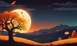 a painting of a man under a tree in front of a full moon,a person on a bike in a sunset