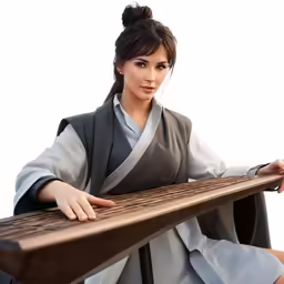 a woman wearing an old looking kimono, holding a piece of wood