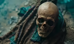 a skull wearing a green shirt and blue scarf