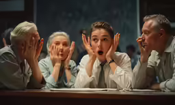 four people at a table with their hands in their faces