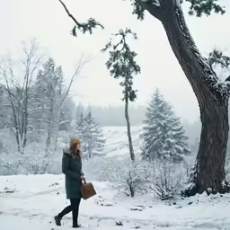 a woman with a suitcase walking through the snow near trees