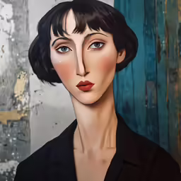 a painting of a woman in black shirt next to wall