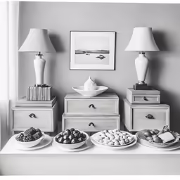 there are two lamps and a variety of food