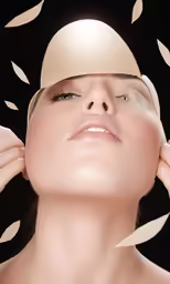 a woman touching her face with leaves flying from behind her