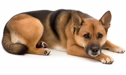 a dog that is laying down next to a white backdrop