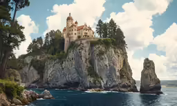 a castle with two towers atop a large rock out on the ocean