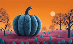 a pumpkin shaped painting in front of a colorful sky