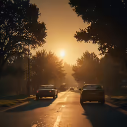 two cars drive down a street at sunset