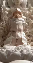 a white sculpture of an infant with a white shirt and gold head chain sits against a large, twisted white statue