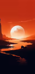 a view of an orange and yellow sky with a lone dog