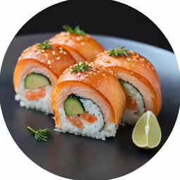 four cucumber rolls on a plate with one cut in half