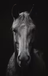 a close up of a white horse with black background