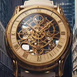 an oversized, gold watch has intricate hands and a roman numeral clock face