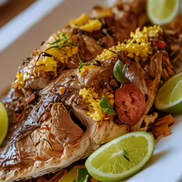 this dish features an appetizing fish topped with fresh vegetables