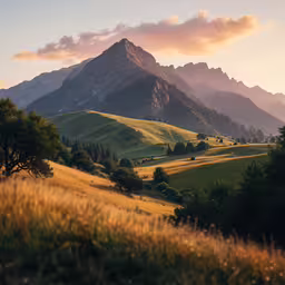 an idyllic grassy area overlooks the mountain range