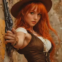 a beautiful red headed girl holding a gun and posing for the camera