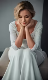 a woman with short hair sitting on a couch
