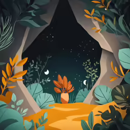 an illustration of a cave entrance at night