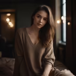 a young woman is sitting on a bed