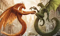 two dragon fighting over a city street next to a fire hydrant