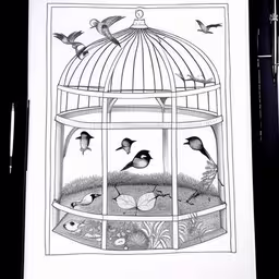 this is a pen drawing of birds in a birdcage,drawing of birds perched in a cage,a drawing of birds flying in to a cage,a drawing depicting birds in a birdcage in the grass,birds in a cage, birdcage in pen